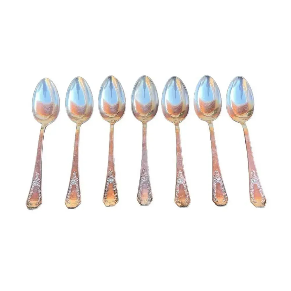 Set of 7 Holmes & Edwards XIV Vintage Silverplate Spoons Floral Basket Handle 8”